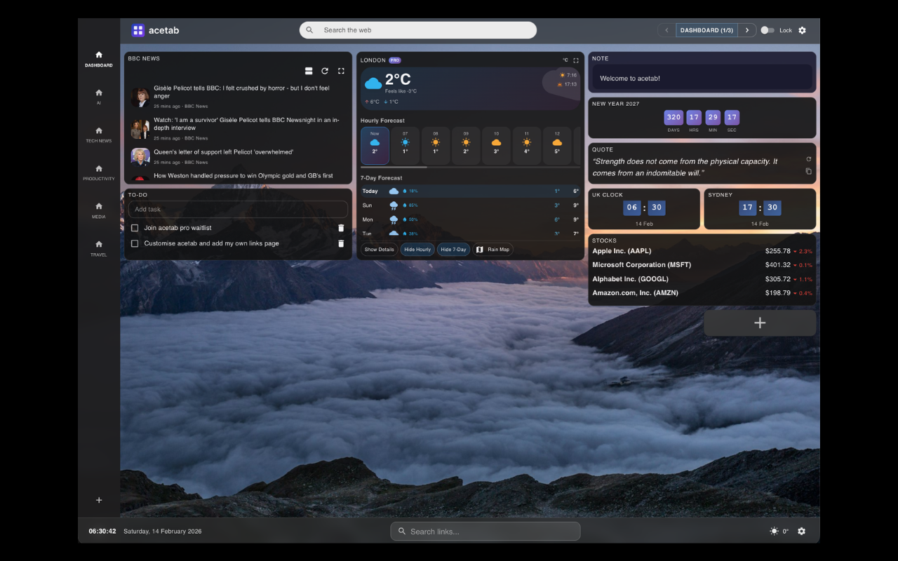 acetab Dashboard with news, weather, countdown, stocks and productivity widgets