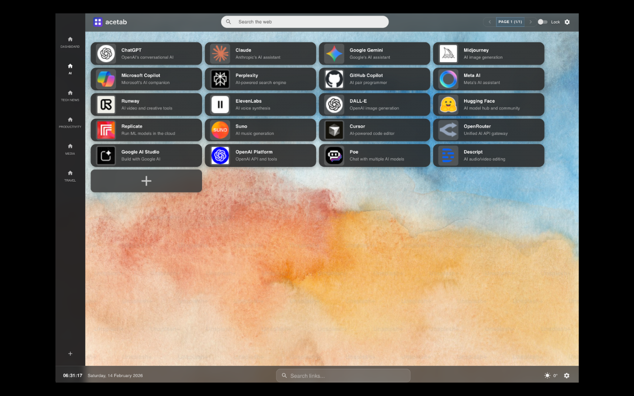 acetab Links screen with AI tool bookmarks organised in a grid