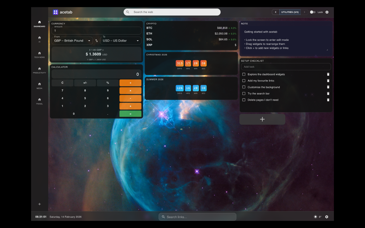 acetab Utilities screen with currency converter, crypto tracker, calculator and countdowns